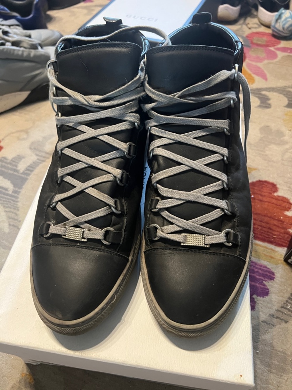 Balenciaga White Box with Black Text and Black Shoe Soles
